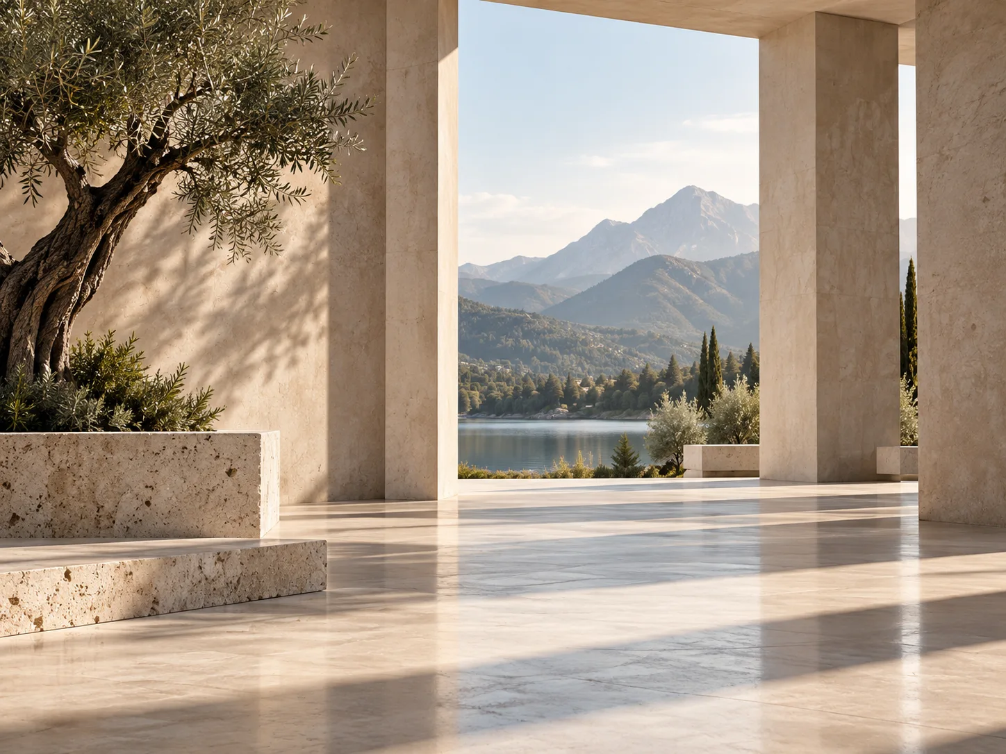 A sunlit stone interior opening onto a mountain landscape